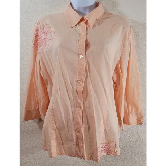 New York & Company Orange Embroidered Flower Button Up Top XL Lightweight Soft - Picture 1 of 7